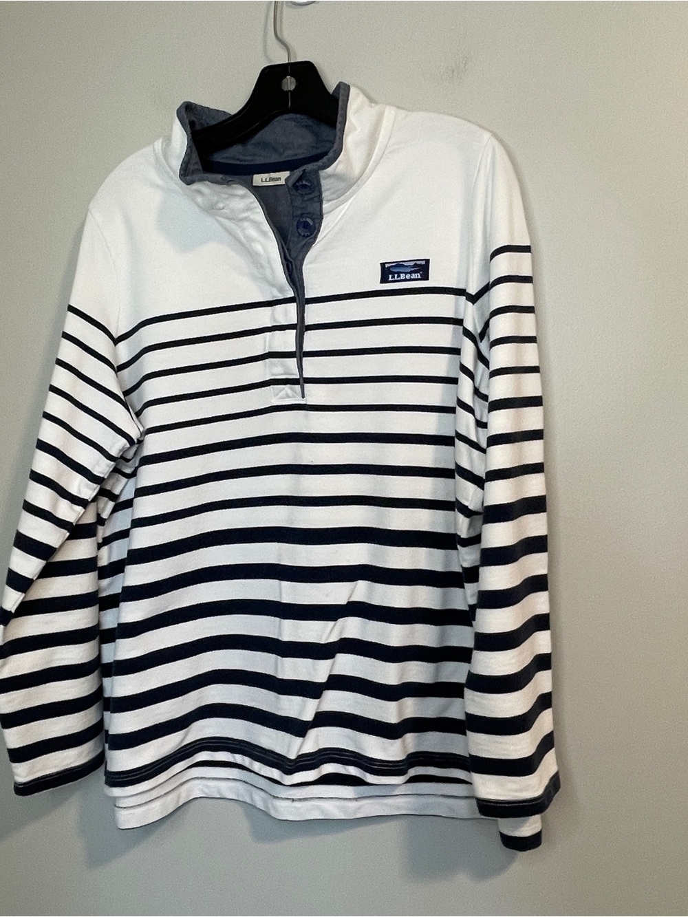 L.L. Bean White and Navy Striped Quarter-Snap Pullover